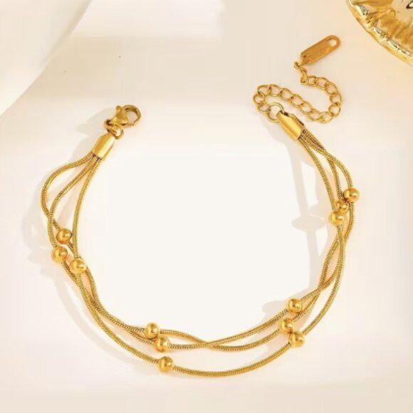 18K Gold-Plated Stainless Steel Triple-Layer Snake Chain Beaded Bracelet - Picture 5 of 6